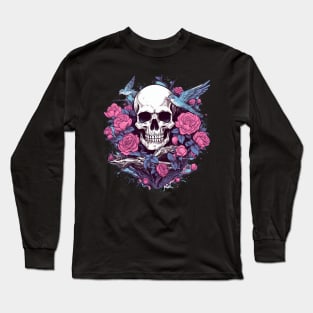 Skull with Birds and Floral Roses Long Sleeve T-Shirt